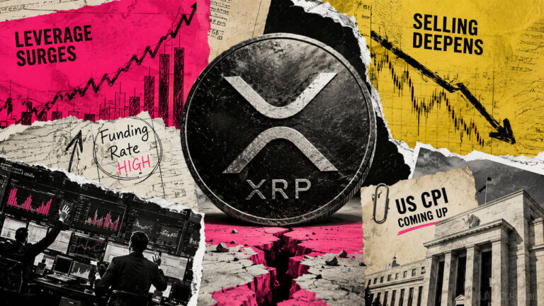 XRP coin amid rising leverage, deepening selling pressure, market charts, and US CPI imagery in a distressed editorial collage.