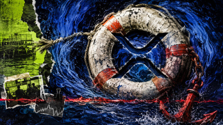 Weathered XRP lifebuoy is dragged by a red anchor through turbulent blue water, symbolizing concentrated leverage and market stress.