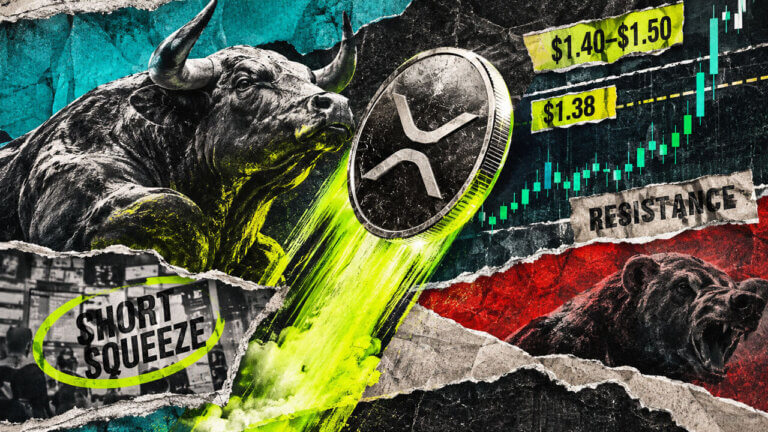 XRP rocket launches through a rising chart toward $1.38 and $1.40–$1.50 resistance as shorts are forced to cover.