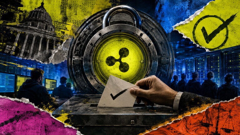 A validator ballot enters a locked XRPL vault as server operators and institutional architecture frame the network security vote.