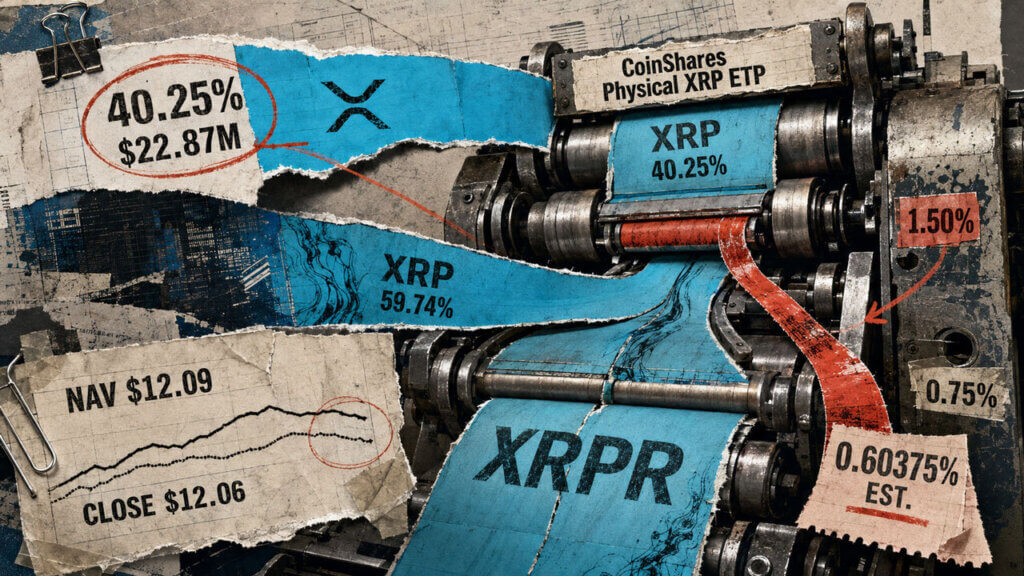 Editorial collage shows XRPR routing 40.25% of XRP exposure through CoinShares machinery, with a red strip representing the estimated fee drag.