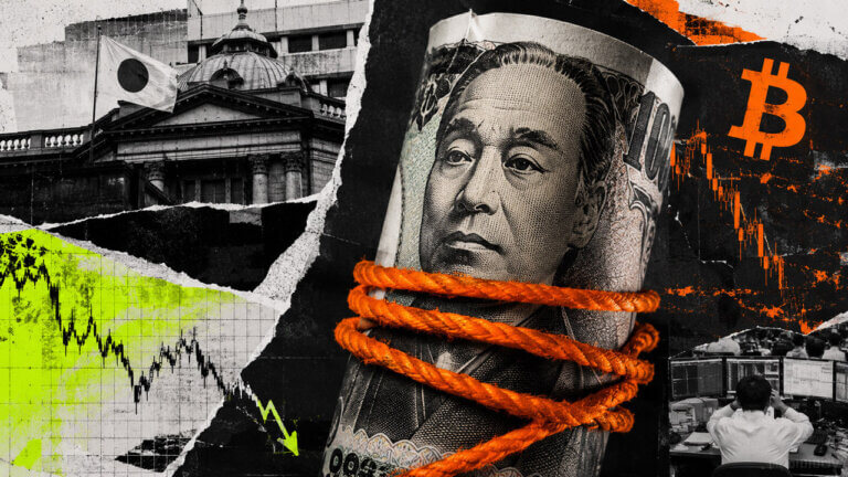 Rolled Japanese yen banknote bound by orange rope as Bitcoin and market charts signal a potential short squeeze and forced selling.