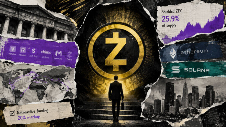 Suited figure walks toward a glowing Zcash emblem amid institutional buildings, payment apps, privacy metrics, Ethereum and Solana rivals.