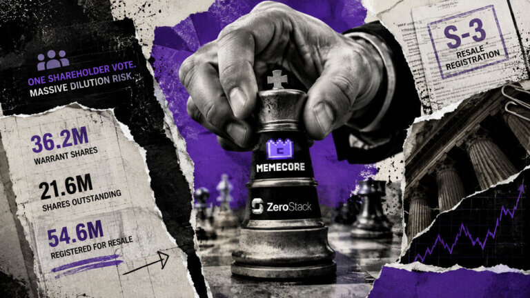 Editorial collage of a MemeCore and ZeroStack chess piece making a decisive move amid warrant shares, resale registration, and dilution pressure.