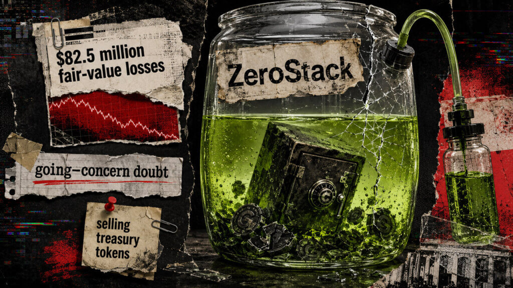 Cracked ZeroStack jar holds a submerged safe and 0G tokens, with loss figures and going-concern warnings arranged as evidence.