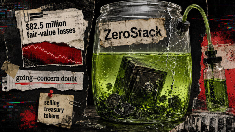 Cracked ZeroStack jar holds a submerged safe and 0G tokens, with loss figures and going-concern warnings arranged as evidence.