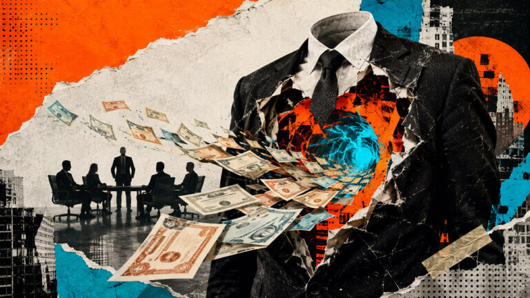 Hollow executive suit releases financial certificates through an electric vortex as a shadowy board signals Zhibao’s management takeover.
