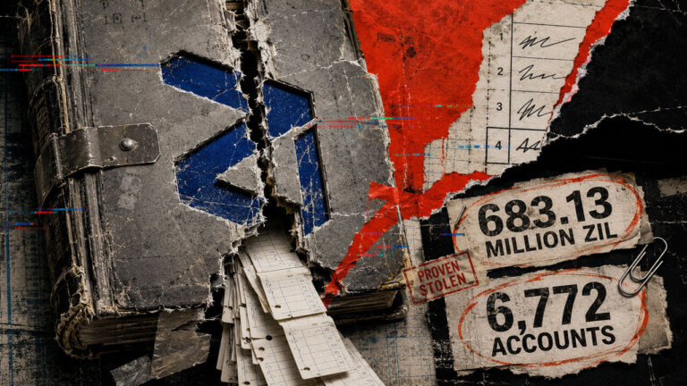 Torn Zilliqa ledger shows 683.13 million ZIL stolen and 6,772 exposed accounts in a red-and-blue editorial collage.