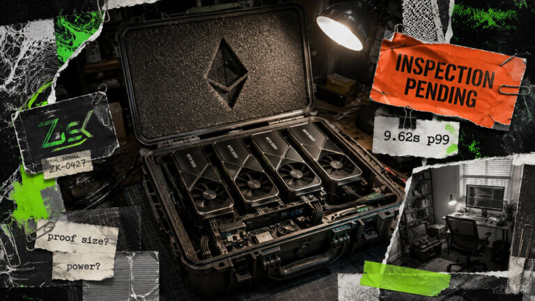Editorial collage of four RTX 5090 GPUs packed in an Ethereum-marked case under inspection, with ZisK branding and missing benchmark checks.