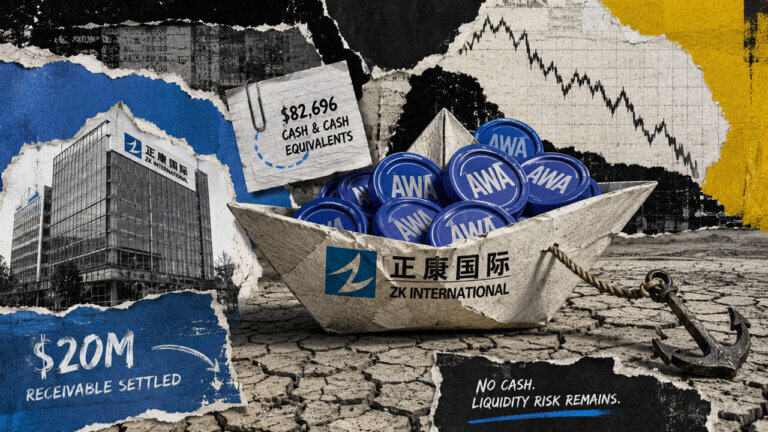 A ZK International paper boat loaded with AWA tokens sits stranded on cracked ground, contrasting a settled receivable with just $82,696 cash