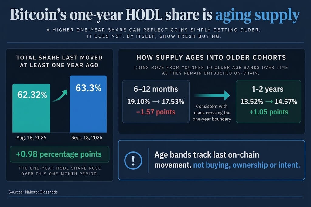 Infographic showing Bitcoin’s one-year HODL share rising from 62.32% to 63.3% as the six-to-twelve-month band shrank and the one-to-two-year band grew.