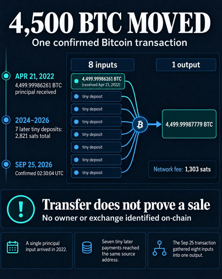 4,500 BTC moved in one confirmed Bitcoin transaction