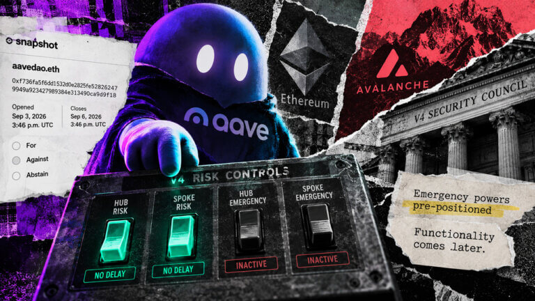Aave figure reaches over V4 risk switches as emergency powers sit inactive beside Snapshot, Ethereum, Avalanche and Security Council fragments.