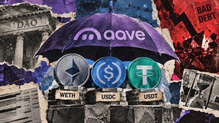 Aave umbrella shelters WETH, USDC and USDT as bad-debt pressure and DAO imagery surround the three protected V4 markets.