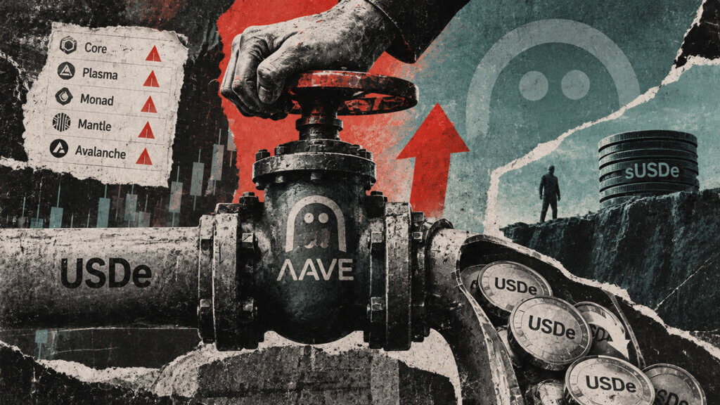 Aave valve tightens USDe borrowing flow as red arrows and five market labels signal rising rates across Aave V3 deployments.