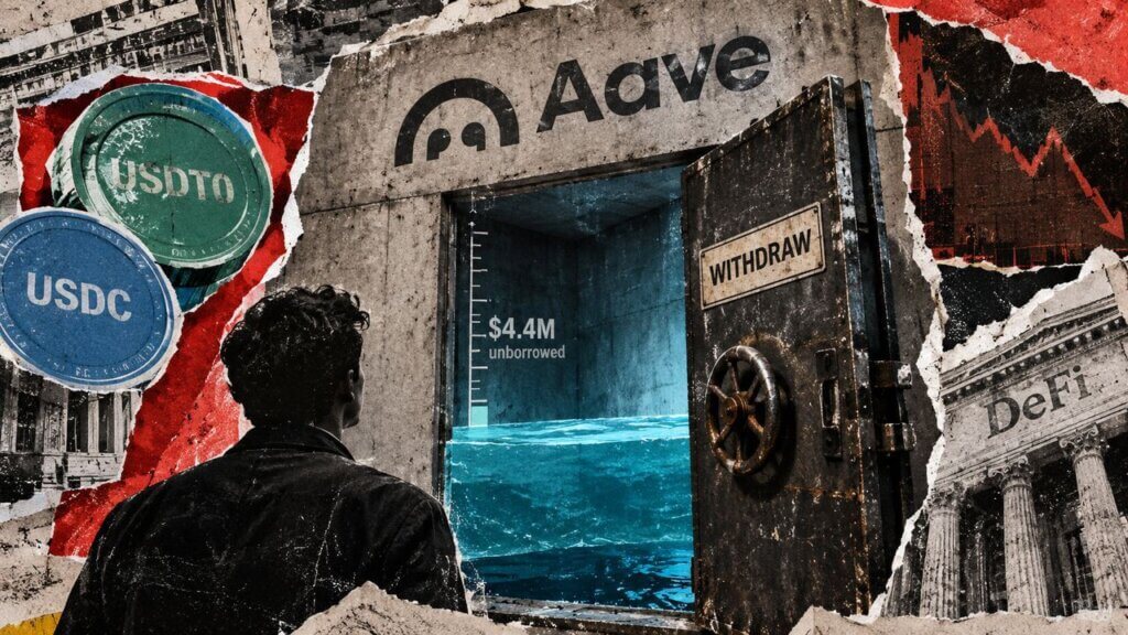 Raw editorial collage shows a depositor facing an Aave withdrawal vault with a shallow liquidity pool and distressed USDT0 market evidence