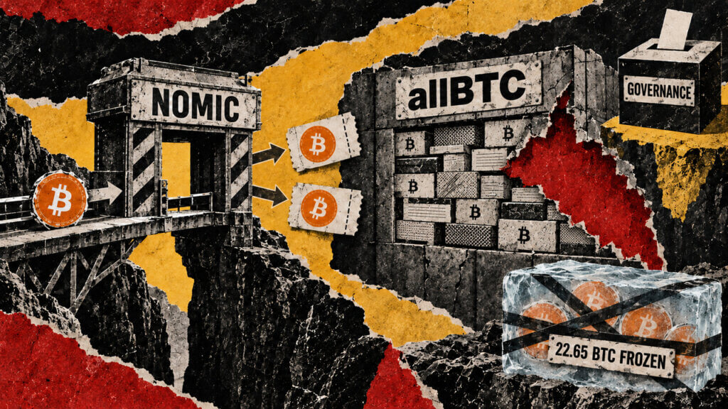 Editorial collage of a Nomic checkpoint duplicating one Bitcoin voucher into two beside a damaged allBTC reserve, frozen Bitcoin block and governance ballot.