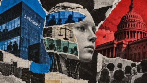 Public observers face a monumental AI figure positioned between government institutions and corporate technology infrastructure.