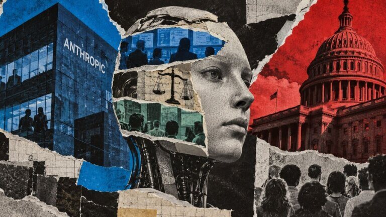 Public observers face a monumental AI figure positioned between government institutions and corporate technology infrastructure.