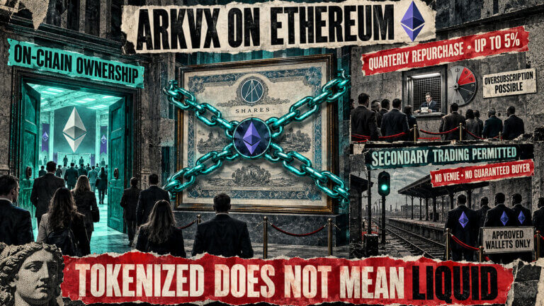 Punk-style collage showing an ARKVX share tokenized on Ethereum, with exits limited to capped quarterly repurchases or an empty secondary-market platform.