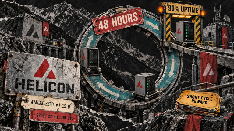 Editorial collage of validator servers circling a 48-hour Helicon renewal loop, passing a 90% uptime gate beside short-cycle reward tickets.