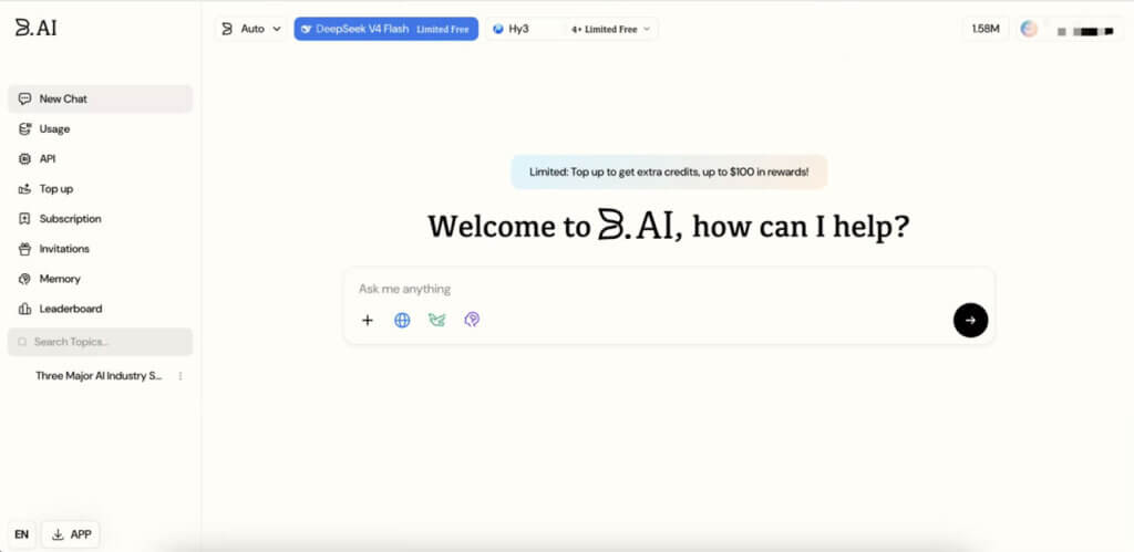 B.AI chat interface showing Auto mode and free access options for DeepSeek V4 Flash and Tencent Hy3.