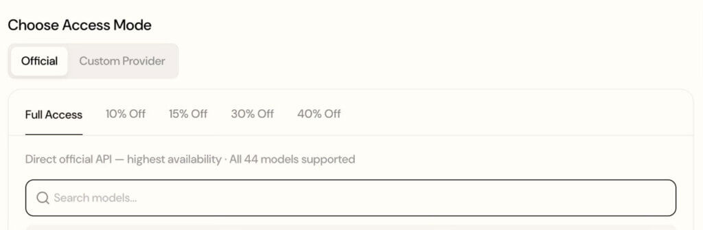 B.AI Official API access screen showing full-access and discounted pricing tiers up to 40% off.