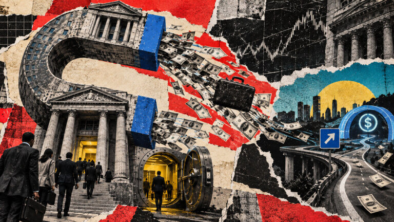 A bank-shaped magnet pulls dollar notes and a corporate briefcase toward an open vault beside a competing digital-money route.