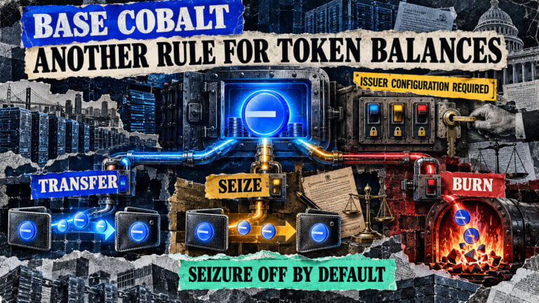 Torn-paper collage showing Base Cobalt’s transfer, seizure and burn controls, with issuer configuration required and seizure off by default.