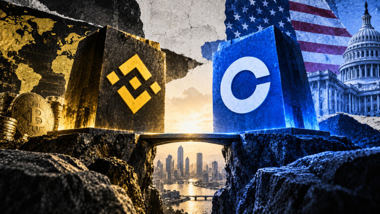 Binance and Coinbase monoliths face across a narrow bridge above a city, symbolizing exchange access, trading infrastructure, and market comparison.