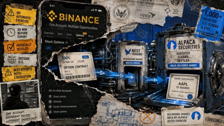 Editorial collage of a Binance stock-options interface routing an AAPL contract through Nest Trading to Alpaca Securities, with exercise warnings and share custody.