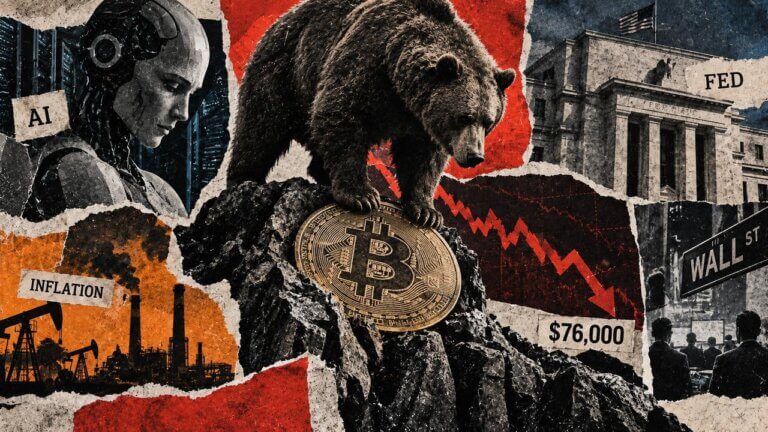 A bear presses down on Bitcoin near $76,000 as AI concerns, inflation, the Federal Reserve, and Wall Street weigh on markets.