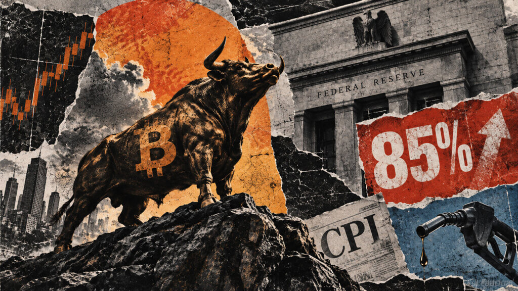 Bitcoin bull stands firm against Federal Reserve rate-hike pressure, with CPI and fuel-cost signals surrounding the scene.