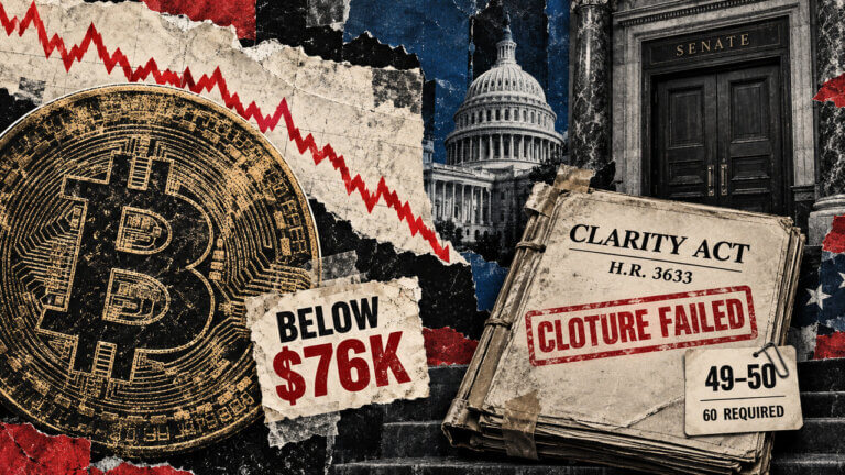 Bitcoin appears beside the U.S. Capitol and Senate doors, with a CLARITY Act file marked “Cloture Failed” and a 49–50 vote tally.