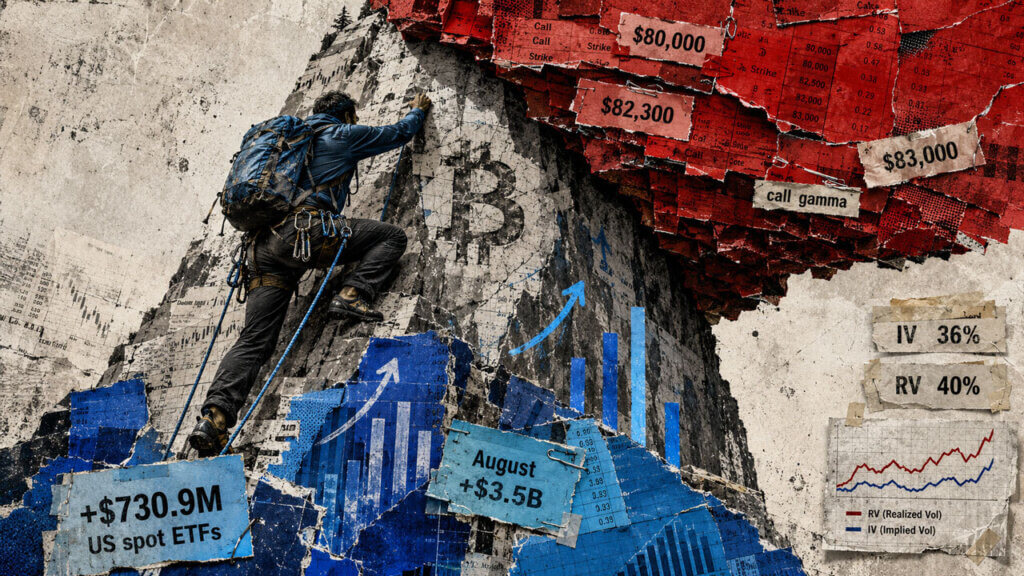 Bitcoin climber ascends on blue ETF support toward a red options overhang marking resistance around $80,000–$83,000.