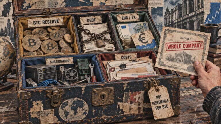 An open company trunk holds Bitcoin, debt, euro exposure, subsidiaries and costs as a shareholder holds a whole-company certificate.