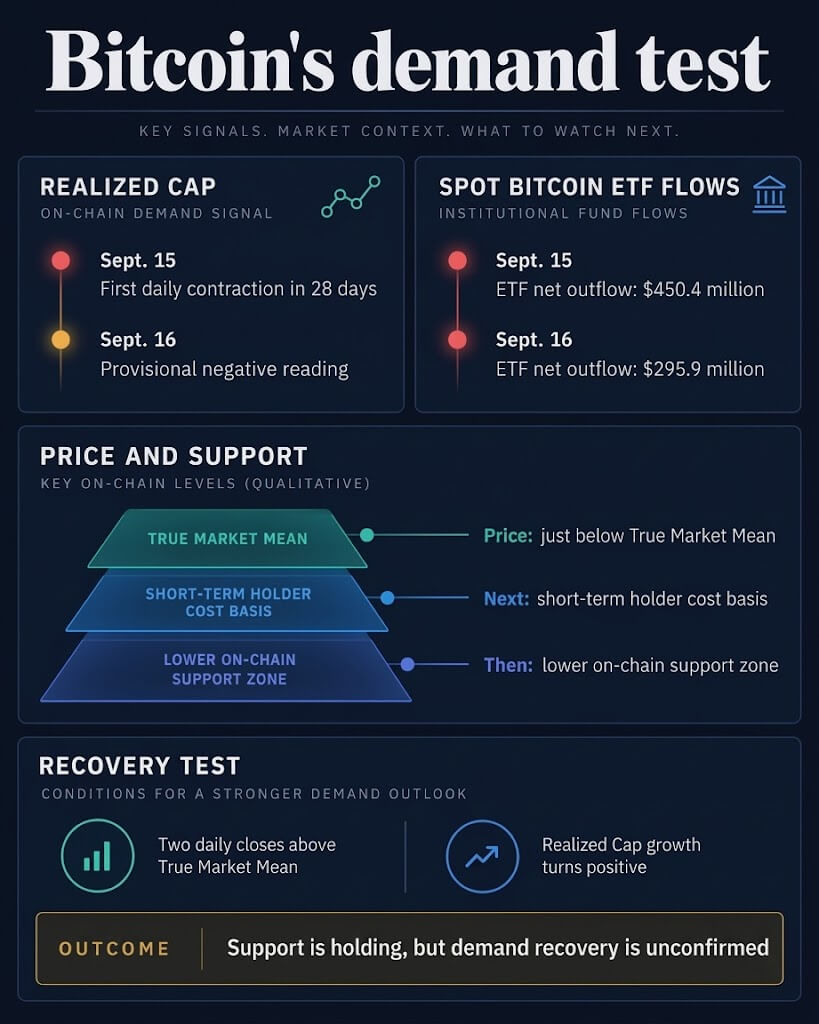Infographic comparing Bitcoin's Realized Cap contraction, spot ETF outflows, qualitative support ladder, and recovery test.