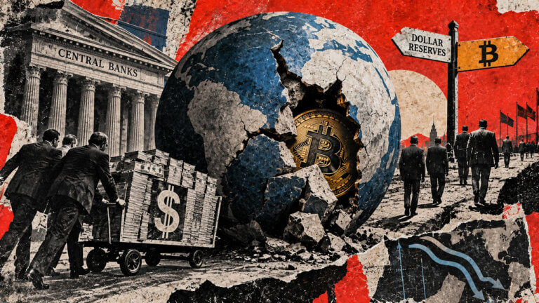 Cracked globe reveals Bitcoin as central banks move dollar reserves, showing that a shrinking dollar share does not prove Bitcoin buying.