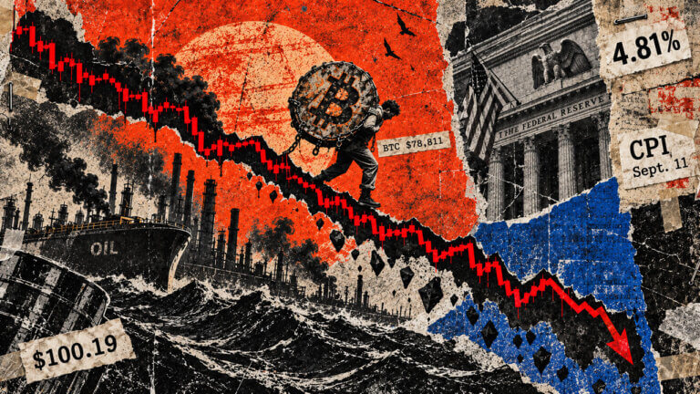 Bitcoin bearer walks down a falling market chart as $100 oil, 4.81% yields and CPI risk intensify macro pressure.