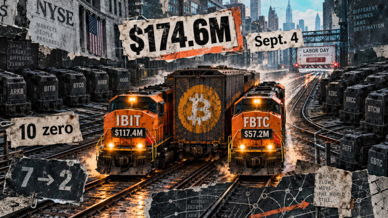 IBIT and FBTC trains carry $174.6 million toward Bitcoin while ten other ETF tracks sit idle ahead of the Labor Day closure.