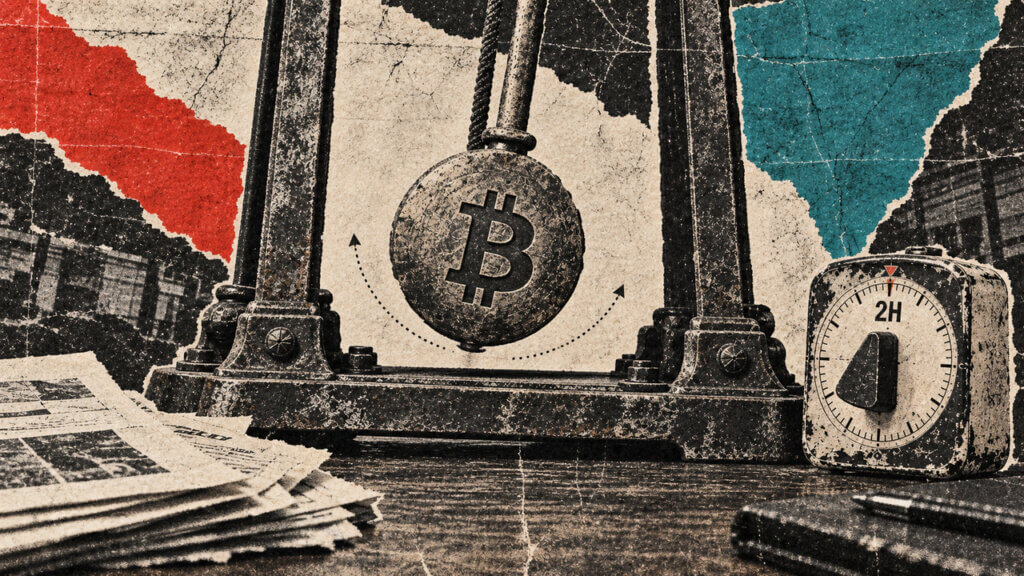 A Bitcoin pendulum hangs beside a two-hour timer, surrounded by torn paper and trading documents.