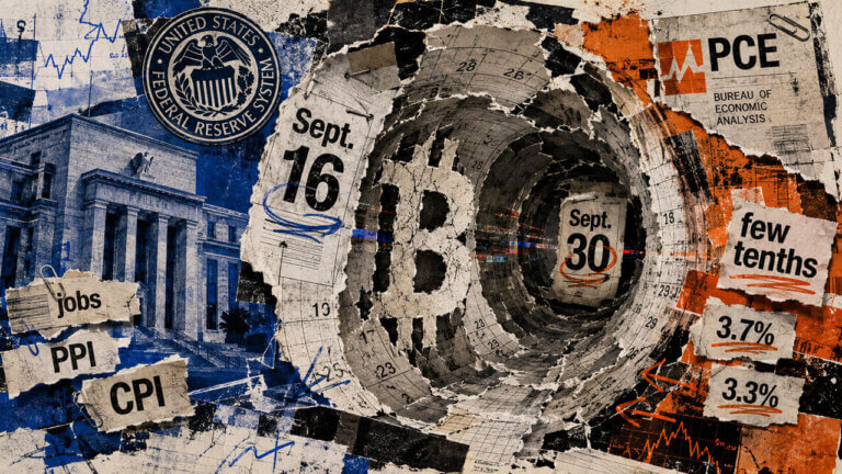 Bitcoin sits inside a torn calendar tunnel between the Sept. 16 Fed decision and Sept. 30 PCE revision, surrounded by inflation data.