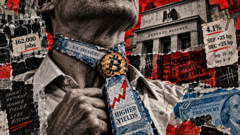 Treasury-note necktie tightens around an investor with Bitcoin at the knot, representing rising yields and higher opportunity costs.
