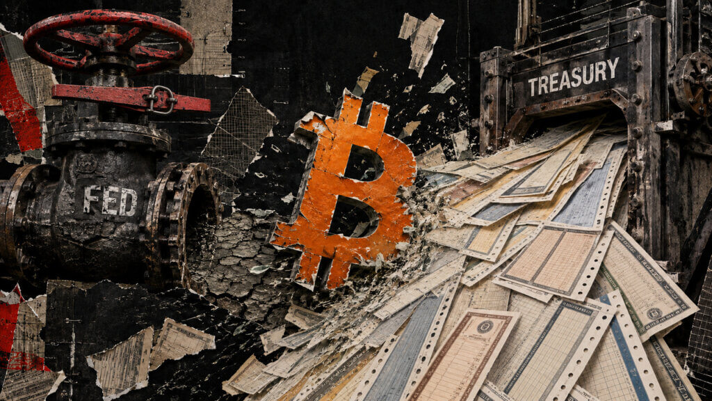 Editorial collage of Bitcoin caught between a locked Federal Reserve valve and a Treasury floodgate releasing bond certificates.