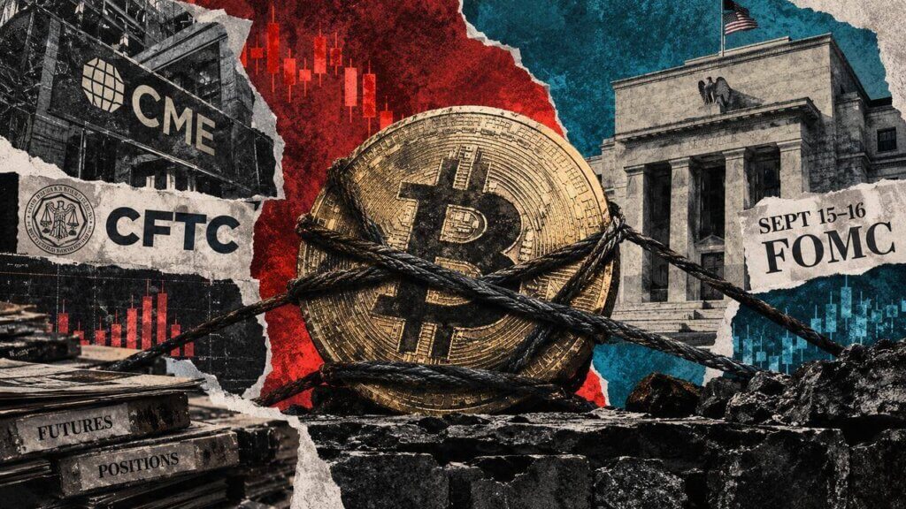 Distressed scrapbook collage showing Bitcoin bound under futures pressure between CME, CFTC evidence and the approaching Fed meeting.