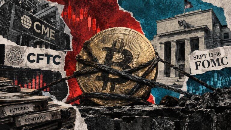 Distressed scrapbook collage showing Bitcoin bound under futures pressure between CME, CFTC evidence and the approaching Fed meeting.