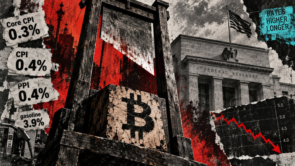 Distressed Bitcoin block sits beneath a guillotine beside Federal Reserve imagery, inflation figures, and a falling market line.