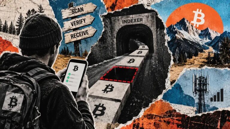 Bitcoin transaction cards move along an indexer conveyor while one payment is removed, leaving a wallet unable to find the missing receipt.