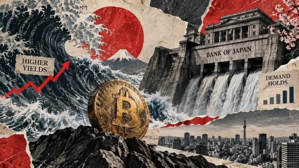 Bitcoin faces rising Japanese yields as the Bank of Japan looms above Tokyo while firm bond demand suggests pressure without market failure.