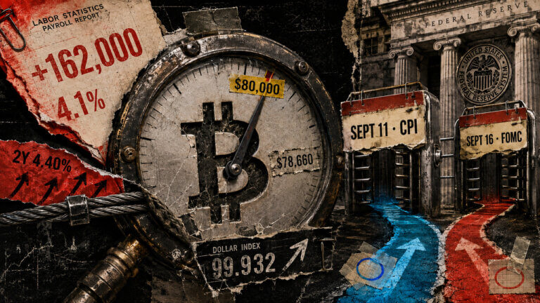 Editorial collage shows a Bitcoin price gauge below $80,000, a 162,000-job payroll report, rising yields, and September CPI and Fed deadlines.